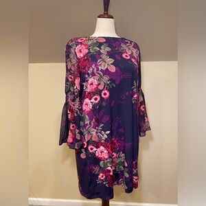 Roz&Ali, Vibrant floral dress with sheer sleeves.